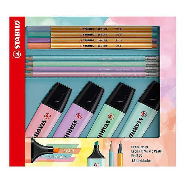 Kit Marcador Boss + Caneta Point 88 + Lapis Swano 12 Cores Pastéis Stabilo 55.3402
