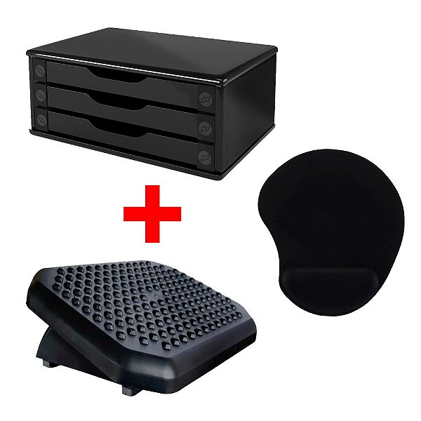 Suporte Monitor Black Piano 3 Gavetas + Pad Mouse + Apoio Pés