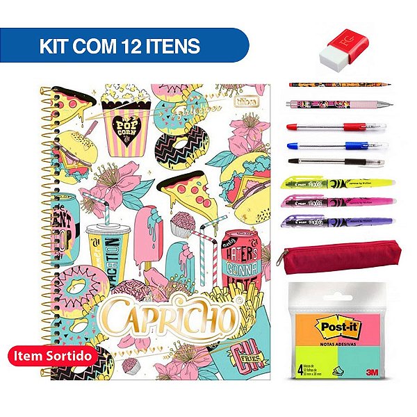 Kit Material Escolar + Caderno Universitário 1 Matéria Capricho 96 FL - 12 Itens