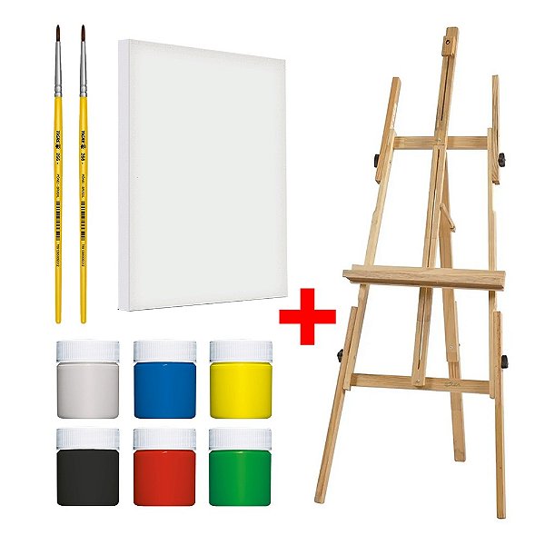 Cavalete Pintura + 5 Telas + Pincel + Tinta Guache