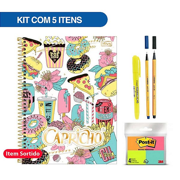 Kit Material Escolar + Caderno Universitário 1 Matéria Capricho 96 FL - 5 Itens