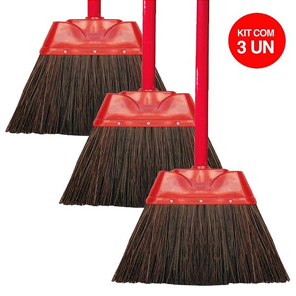 Kit Vassoura Piaçava Reforçada com Cabo de Madeira Plastificada Nº4 - 3 UN