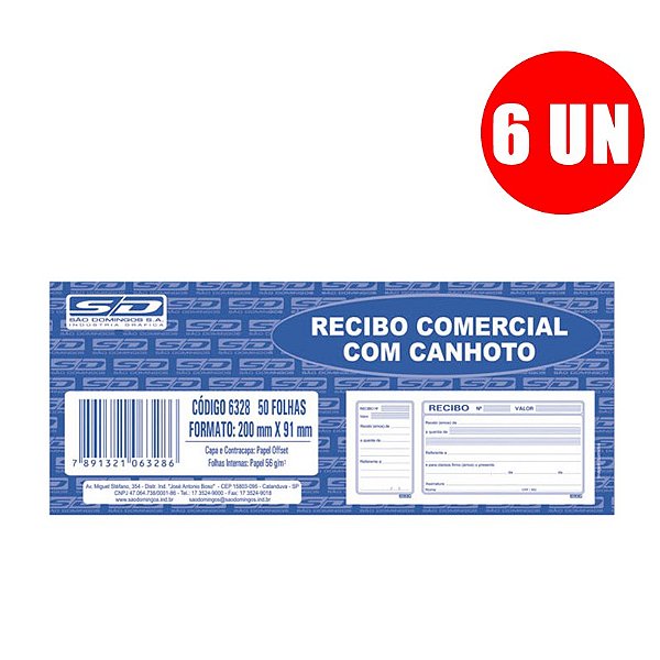 Kit Impresso Recibo Comercial C/Canhoto 50 Fls C/6 Unidades