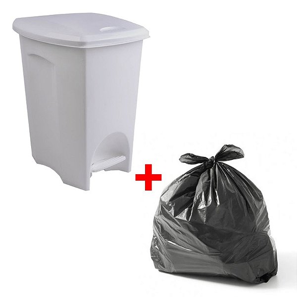 Kit Lixeira Plastica 50L Branca C/Pedal Plasutil + Saco Lixo Preto C/100 Unidades