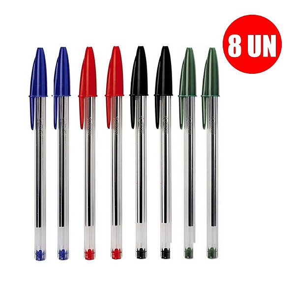Kit Caneta Bic Cristal Azul + Preta + Vermelha + Verde C/8 Unidades