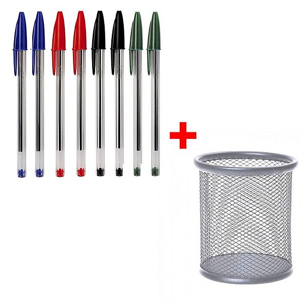 Kit 08 Caneta Esferográfica Bic Azul + Preta + Vermelha + Verde + Porta Lapis KZ08244