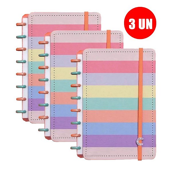Kit Caderno Inteligente Arco-Íris Pastel CIMD3057 Médio - 25,5 x 19,0 cm C/3 Unidades
