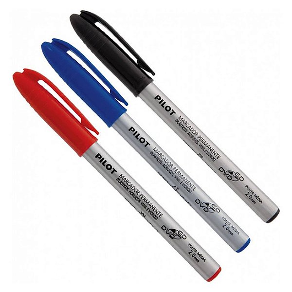 Kit Canetas Pincel Permanente CD/DVD 2.0 Pilot Vermelha, Azul e Preta