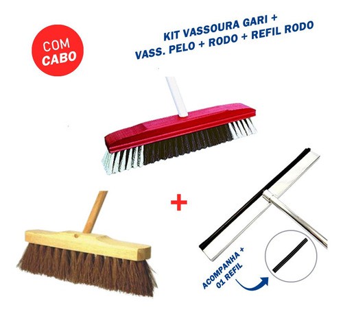 Kit Vassoura Gari 40cm + Vassoura de Pelo 40cm + Rodo Puxa Seca 40cm + Refil Rodo 40cm