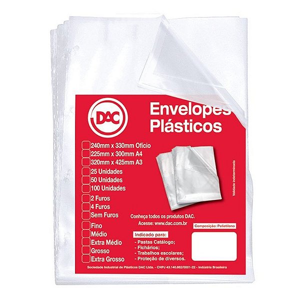 Envelope Plástico DAC 0,12 Médio A-4 4 Furos PCT C/50 UN