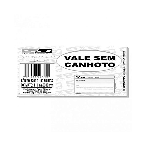 Impresso Vale Simples sem Canhoto 6752-0 São Domingos BL C/50 FL