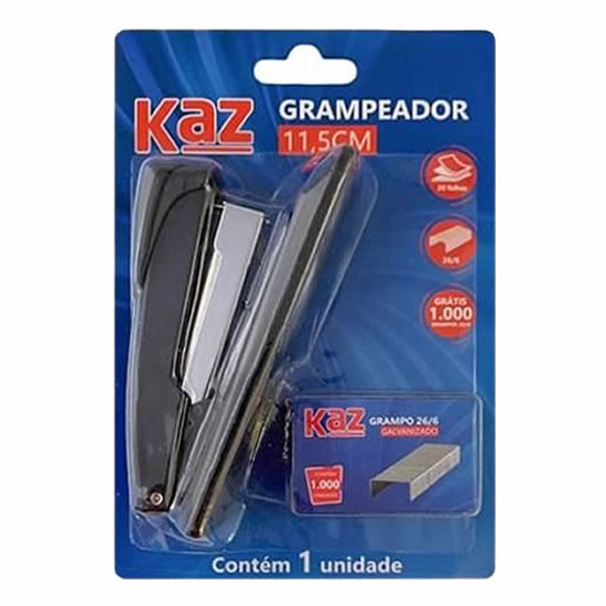Grampeador 26/6 20FLS Metal 11,5cm + 1000 Grampos Kaz KZ3207
