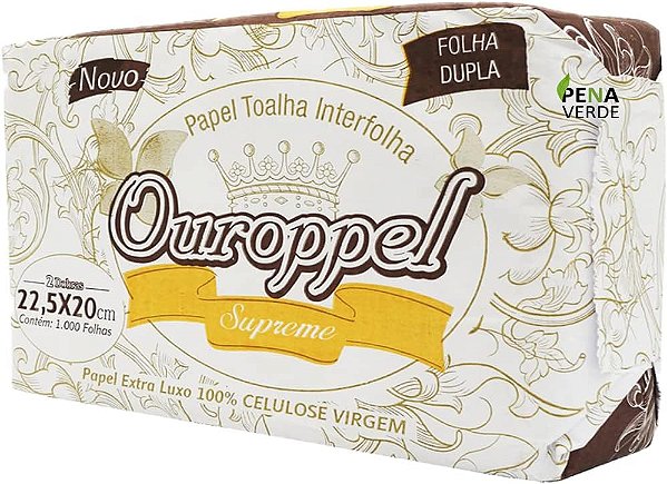 Papel Interfolha Ouroppel - 100% Celulose, 2 Dobras, Folha Simples, 22,5x20cm, 1.000 Folhas