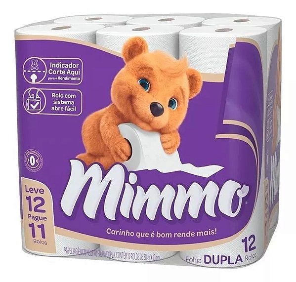 Papel Higiênico Branco Folha Dupla Mimmo 30m - Leve 12, Pague 11