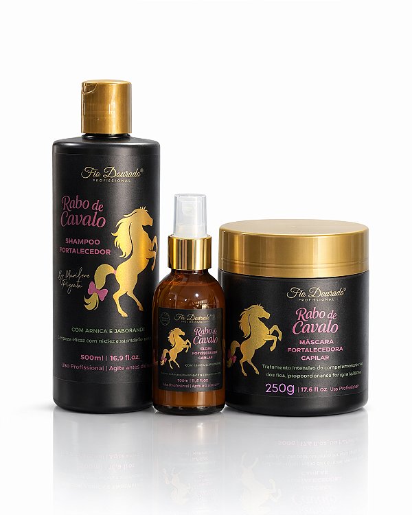 LINHA FORTALECEDORA RABO DE CAVALO. SHAMPOO 500ml, MASCARÁ 250g, ELIXIR 100ml