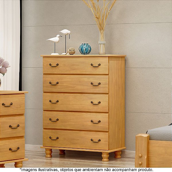 Cômoda para Quarto  em Madeira Maciça 5 Gavetas Havana Mel - Straub Web