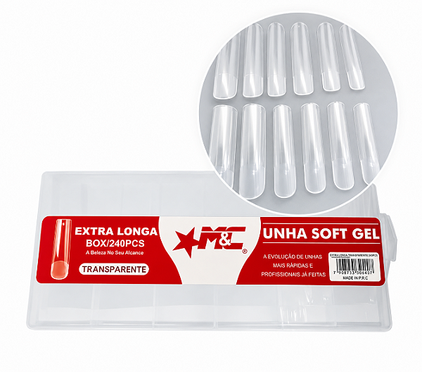 240 Unhas Soft Gel Extra Longa M&C Transparente Profissional