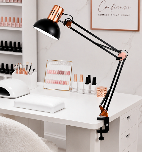 LUMINÁRIA ARTICULADA MESA PRETA E ROSE GOLD