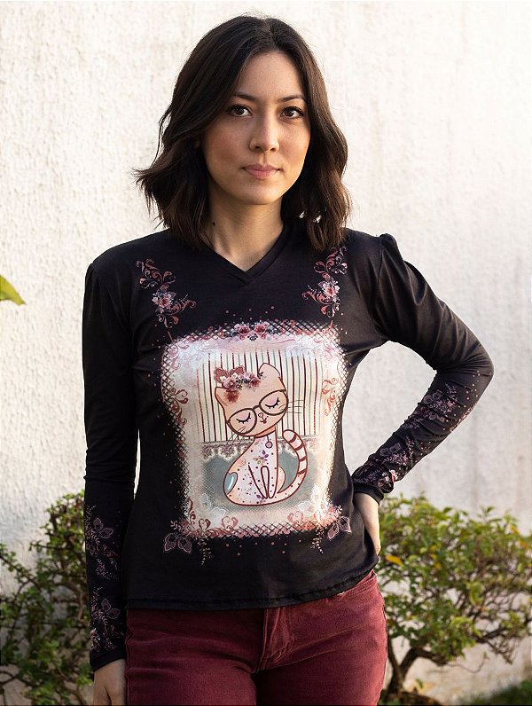Blusa Gatinha Charmosa Manga Longa