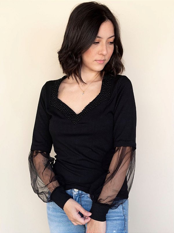 Blusa Preta Canelada Manga Longa