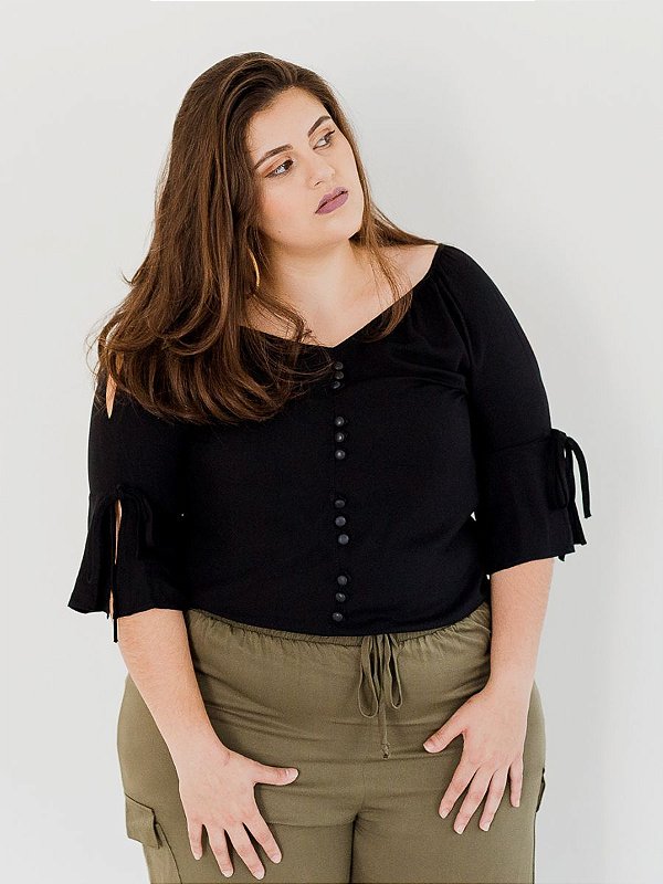 Blusa Bata Plus Size Preta