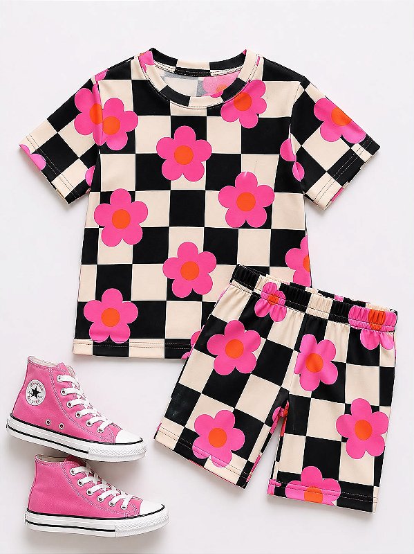 Conjunto verão xadrez flor