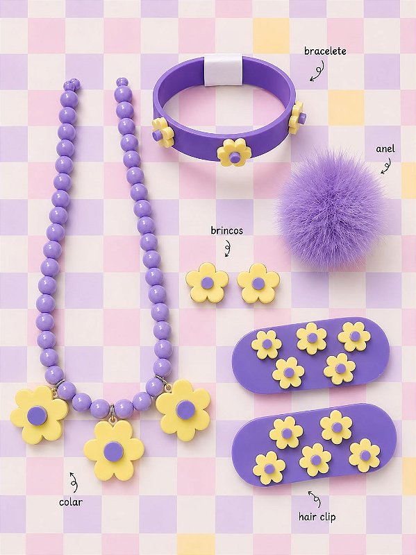 Kit Acessórios Flor lilás e amarelo