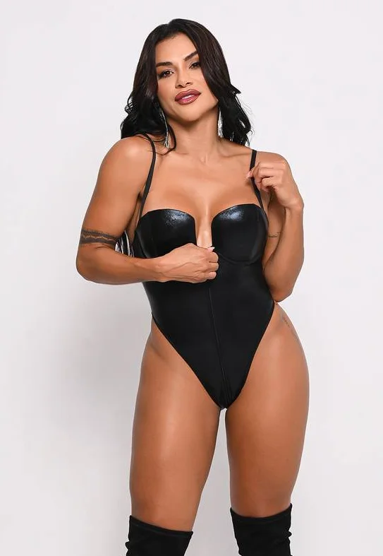 Body De Lycra Metalizada Preto Com Zíper Frontal