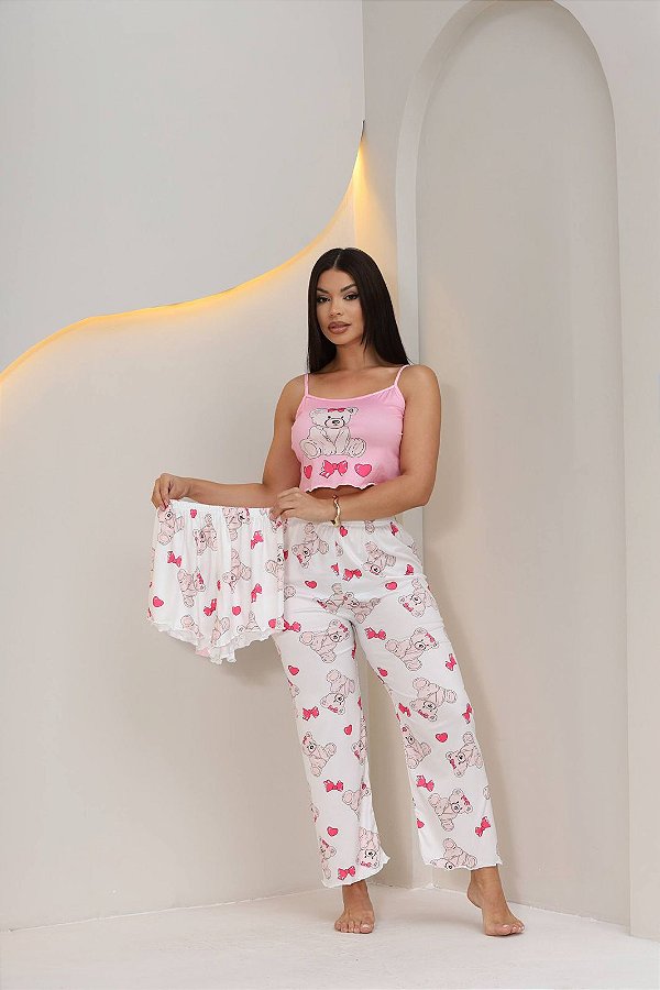 Trio de Pijamas Amor – Cropped + Calça + Shorts Ursinhos
