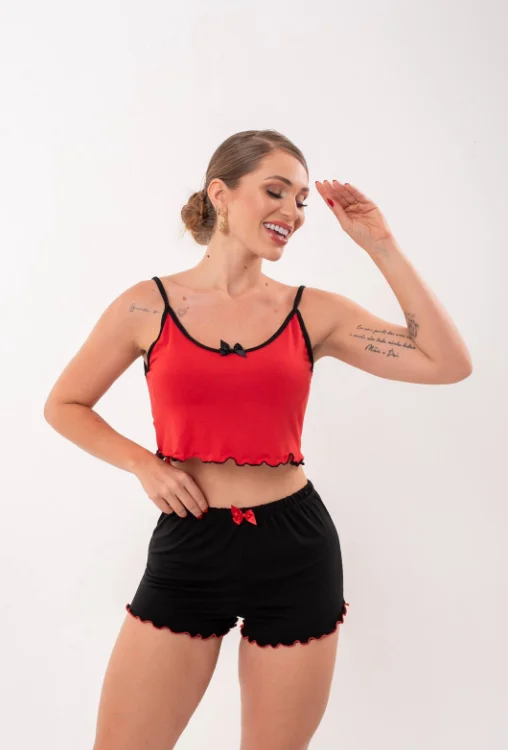 Pijama 3 Peças Liso (Cropped + Shorts + Calça)