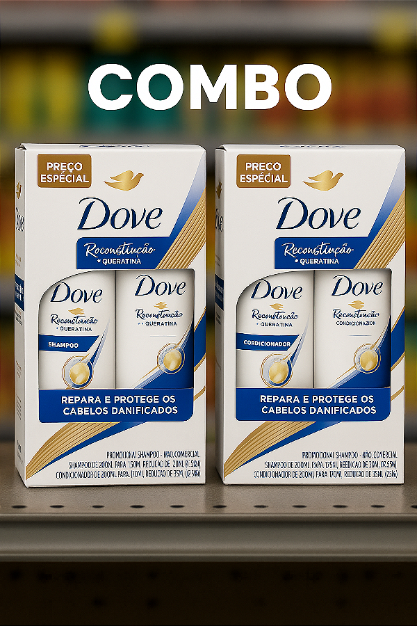 COMBO - Dove Reconstrução com Queratina – 2 Shampoos 350ml + 2 Condicionadores 175ml | Reparação Intensa para Cabelos Danificados