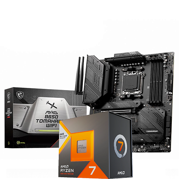 Kit Upgrade AMD Ryzen 7 7800X3D + Placa Mãe MSI MAG B650 Tomahawk Wi-Fi DDR5 AM5 ATX