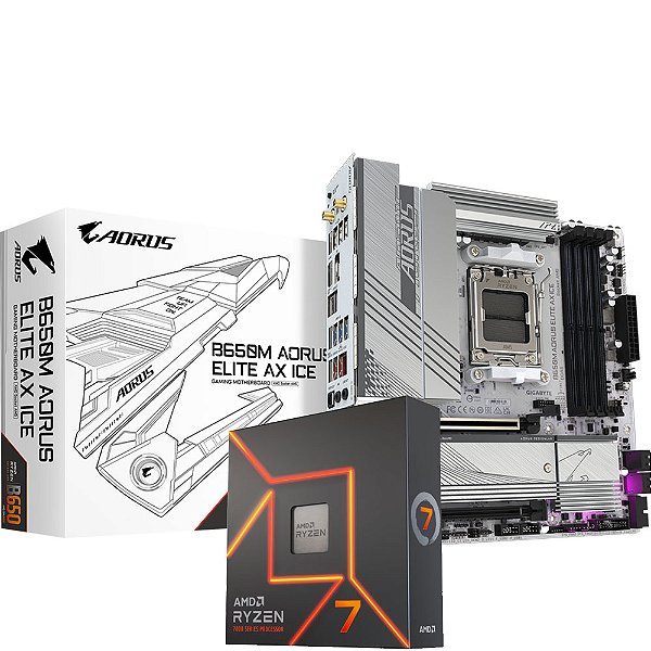 Kit Upgrade AMD Ryzen 7 7700X + Placa Mãe Gigabyte B650M AORUS ELITE AX ICE DDR5 AM5 MATX