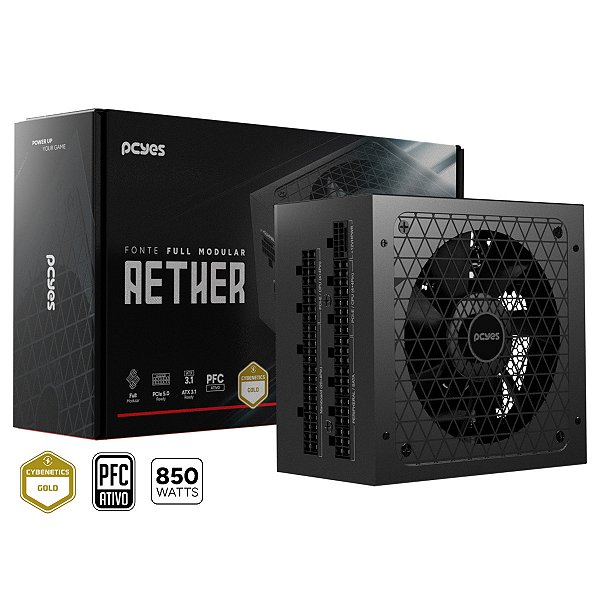 Fonte Gamer PcYES Aether 850W 80 Plus Gold Cybenetics Gold PFC Ativo Full Modular PCIe 5.0 ATX 3.1 - 850WFMG