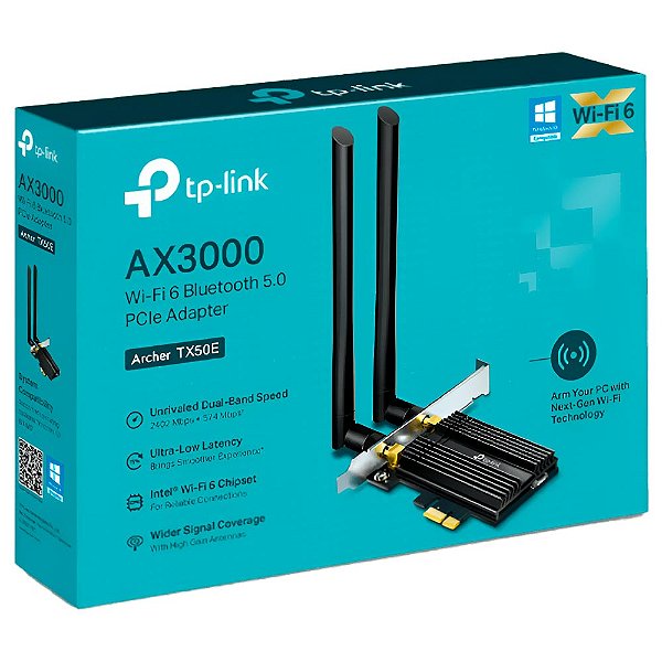 Placa De Rede TP-LINK Archer TX50E Wi-Fi 6 Bluetooth Dual Band / 2.4GHz / 5GHz - 3000Mbps Pci Express - Archer TX50E