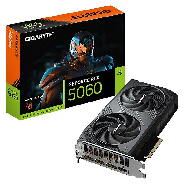 Placa de Video Gigabyte GeForce RTX 5060 Windforce OC 8GB GDDR7 128 bits - GV-N5060WF2-8GD
