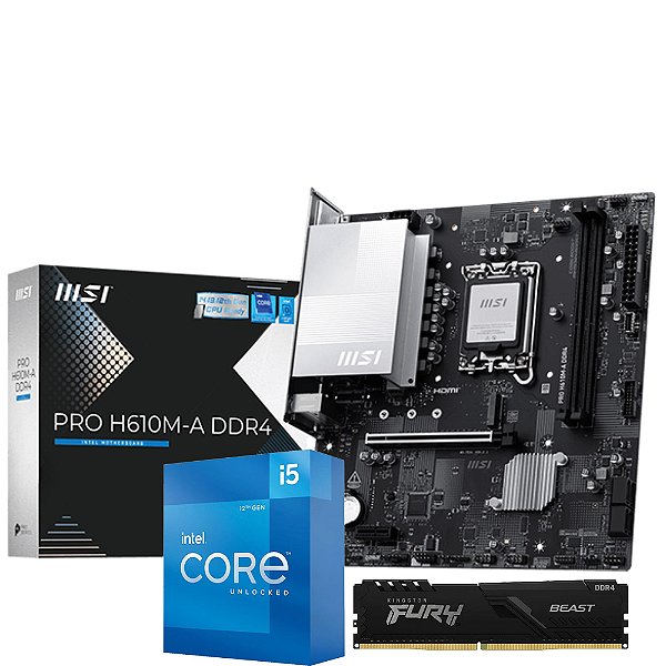 Kit Upgrade Intel Core I5 12400F + Placa Mãe MSI PRO H610M-A DDR4 LGA 1700 MATX + Memória Kingston Fury Beast Black 16GB (1x16GB) DDR4-3200MHz 1R CL16 - KF432C16BB/16