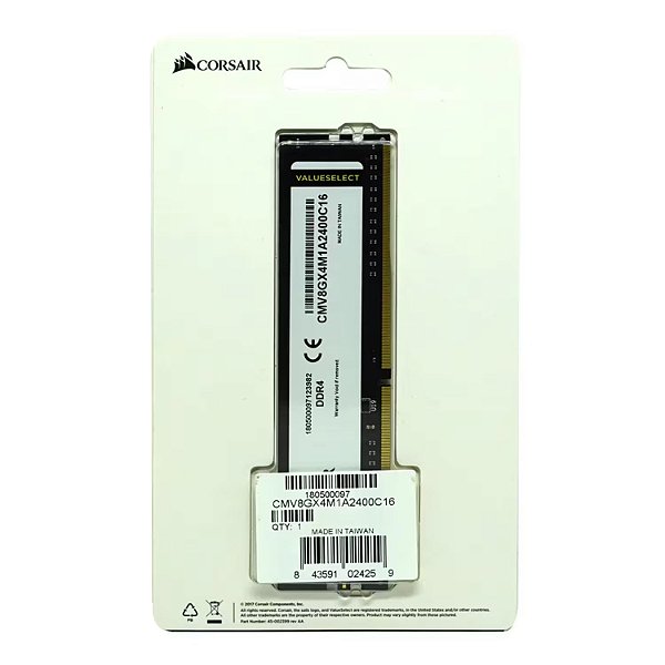Memória RAM Corsair ValueSelect 8GB DDR4 2400 MHz - CMV8GX4M1A2400C16