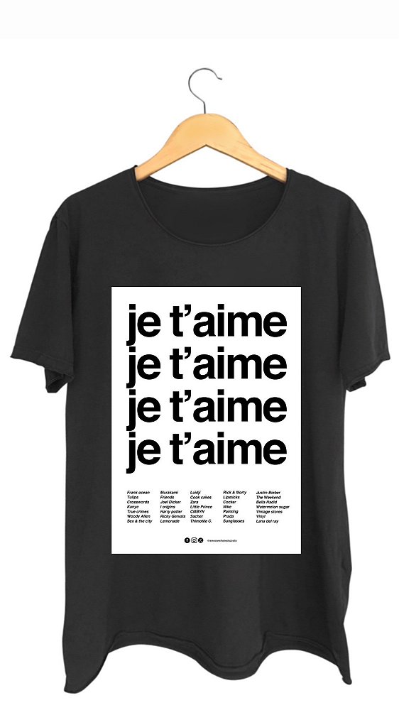 Camiseta JE T'AIME - 100% algodão corte a fio preta