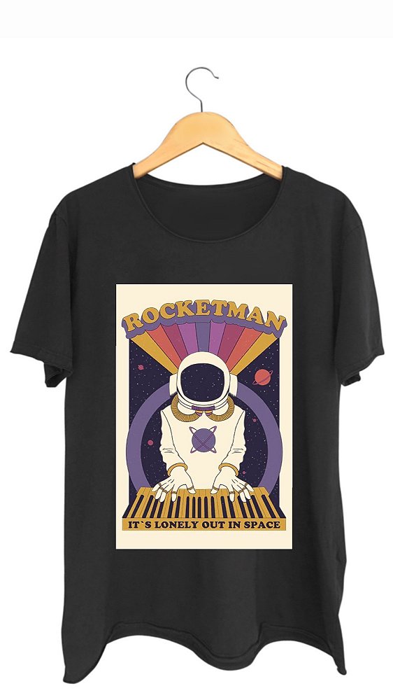 Camiseta ROCKETMAN - 100% algodão corte a fio preta