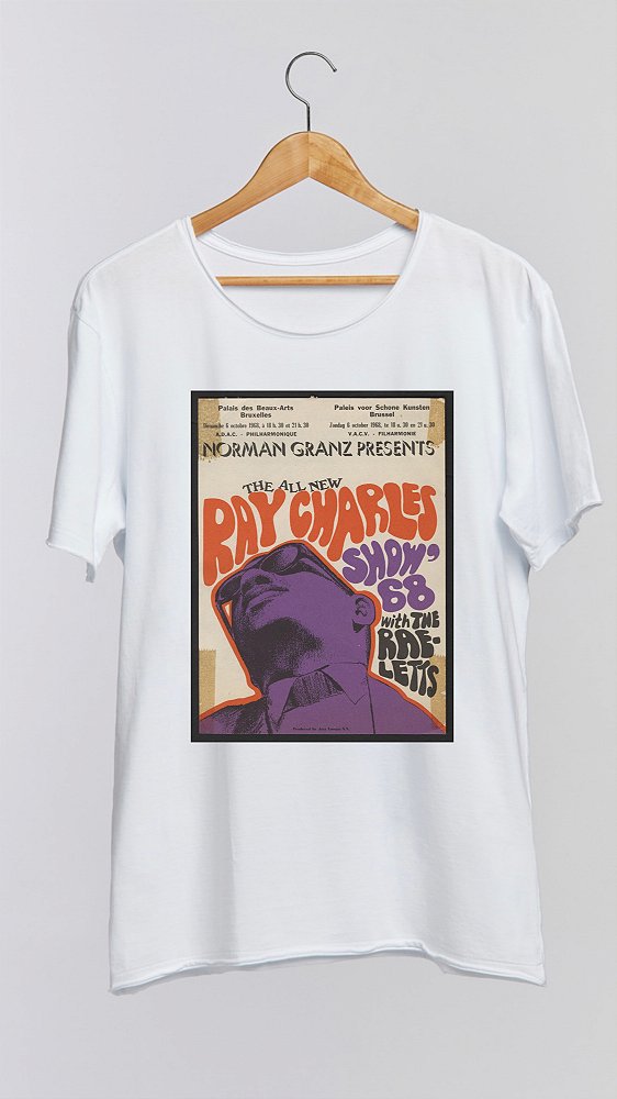 Camiseta RAY CHARLES - 100% algodão corte a fio branca