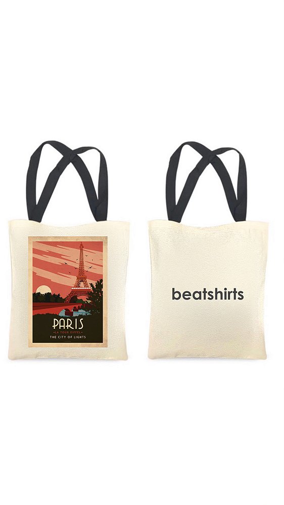 Ecobag com alça preta - 100% algodão - 30cmx40cm - PARIS