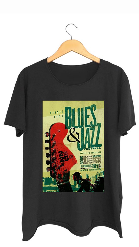 Camiseta BLUES & JAZZ - 100% algodão corte a fio preta