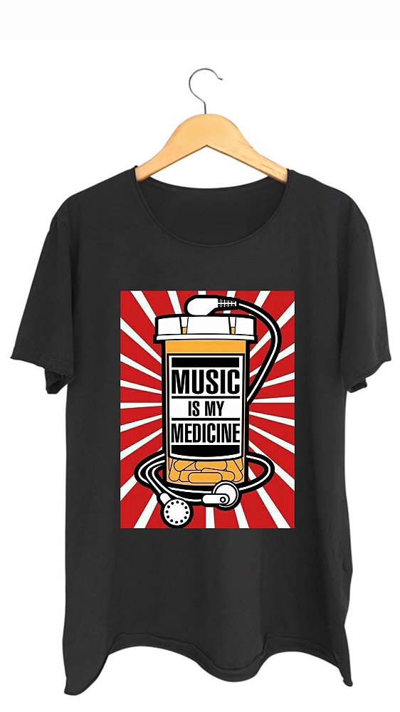 Camiseta MUSIC IS MY MEDICINE - 100% algodão corte a fio preta