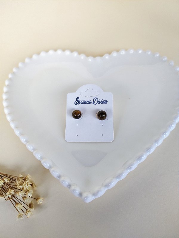 Brinco Prateado Bolinha Olho de Tigre - Proteção, autoestima