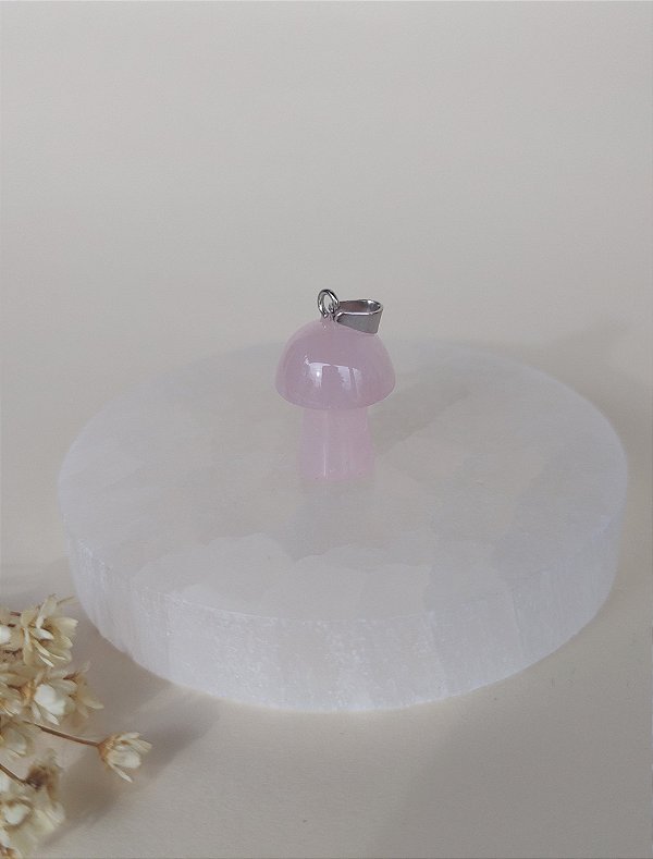 Pingente Prateado Cogumelo Quartzo Rosa - Amor próprio e acolhimento