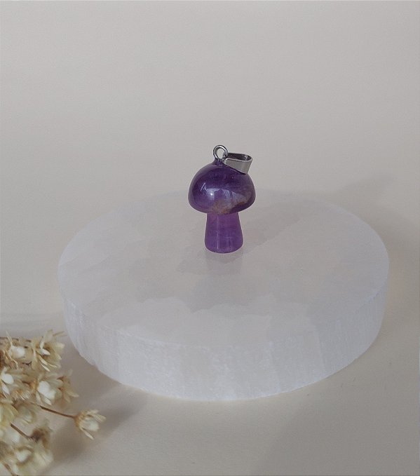 Pingente Prateado Cogumelo Ametista - Intuição, conecção espiritual, transmuta energia
