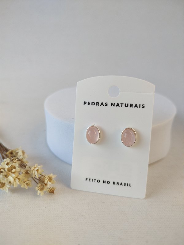 Brinco Oval Prata 925 Quartzo Rosa - Amor próprio, compaixão, sensibilidade