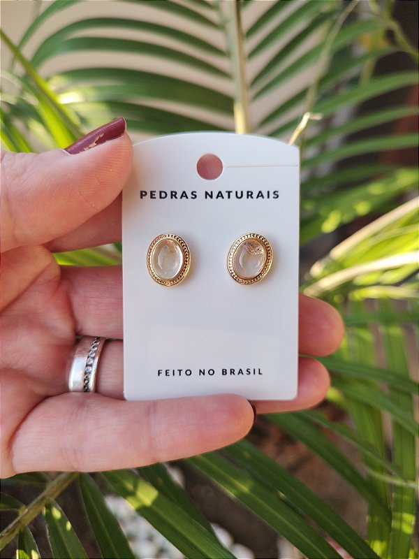 Brinco Oval Banhado a Ouro 18 Quartzo cristal - Amplificador, expansor