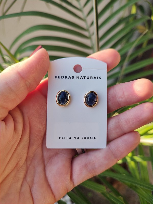 Brinco Oval Liso Banhado a Ouro 18 Sodalita - Sabedoria, direcionamento